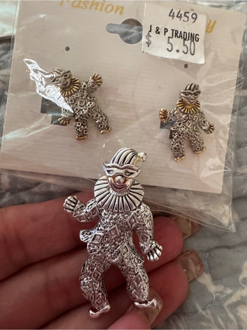 Vintage-Inspired Harlequin Clown Brooch & Earring Set - Silver & Gold Tones - Picture 2 of 4
